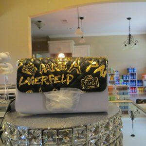 Karl Lagerfeld Agyness Graffiti Black & Gold handbag NEW tags w/FREE GIFT